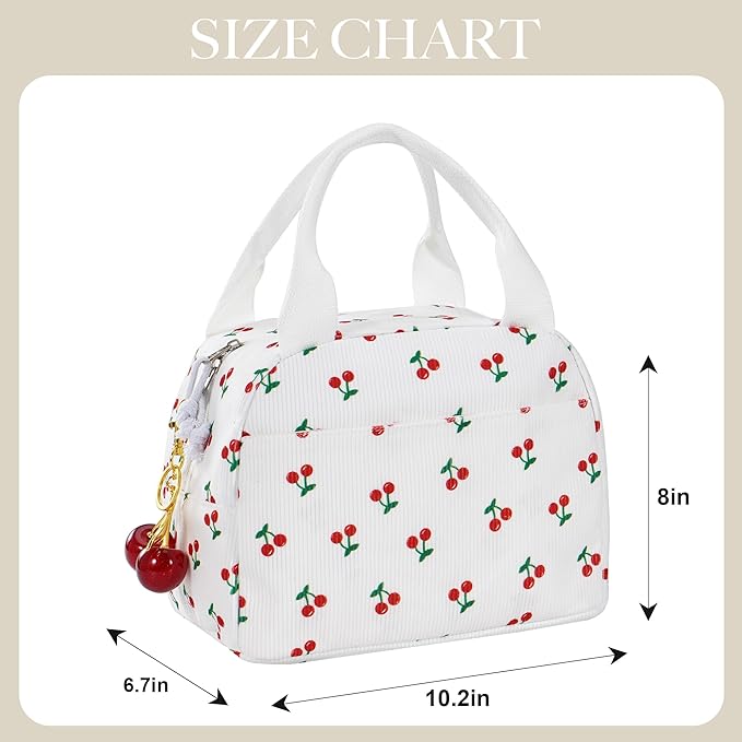 Lunch Bag for Women Cherry Insulated Lunch Box Reusable Cooler Bag Portable Cute Corduroy Leakproof Tote Bags with Keychain for Travel, Work, and Picnic