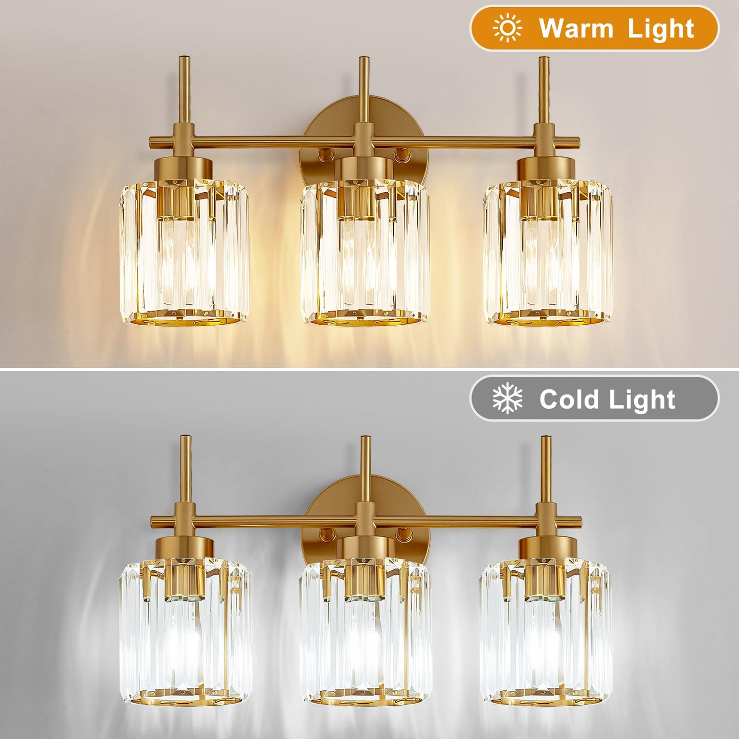 EJIAXIN Bathroom Lighting Fixtures, 3 Light Gold Bathroom Light Fixtures with Clear Shades Modern Crystal Vanity Light Bath Room Vanity Lighting Over Mirror Wall Light