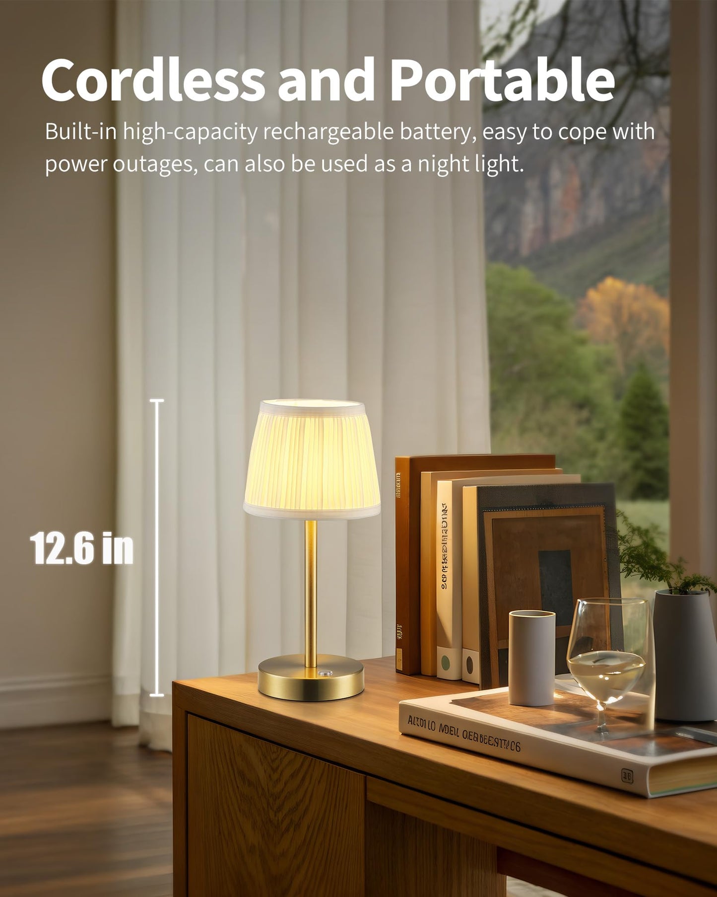 Pusu Cordless Led Gold Table Lamp  Rechargeable 4000Mah 3 Way Dimmable Bedside Small Lamp With Fabric Shade  Lighting For Bedroom  Kids Room  Bathroom  Kitchen  Home Decor  Gift  Night Light