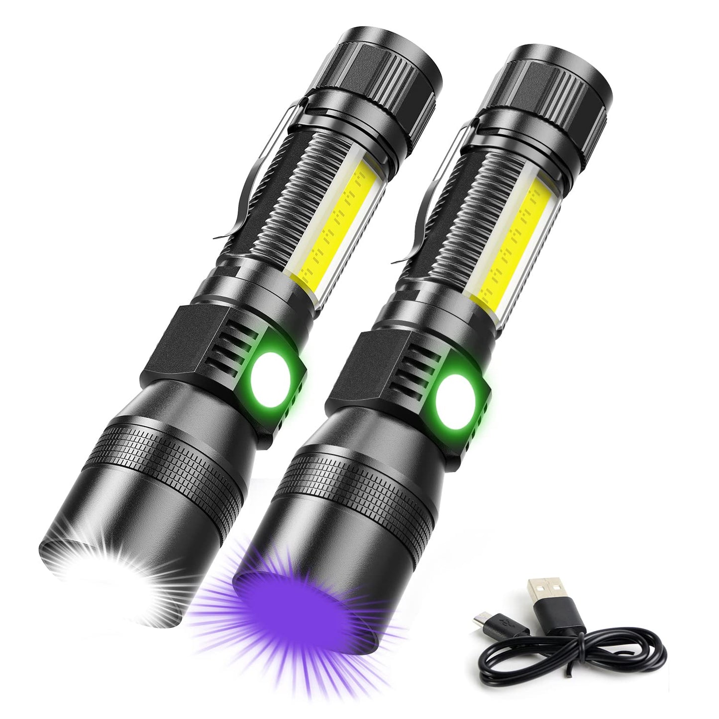 Spriak UV Flashlight Rechargeable 3-in-1 Tactical Blacklight & Redlight, Waterproof, Zoomable, 2 Pack, Black