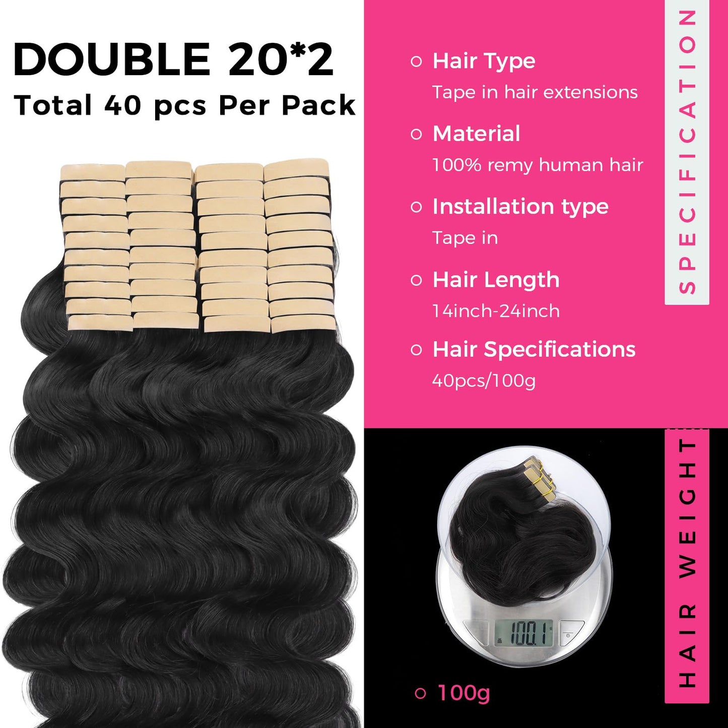 Lashey Tape in Hair Extensions Human Hair 40pcs 100g Body Wave 14 Inch 100% Real Human Hair Tape ins for Women Natural Black