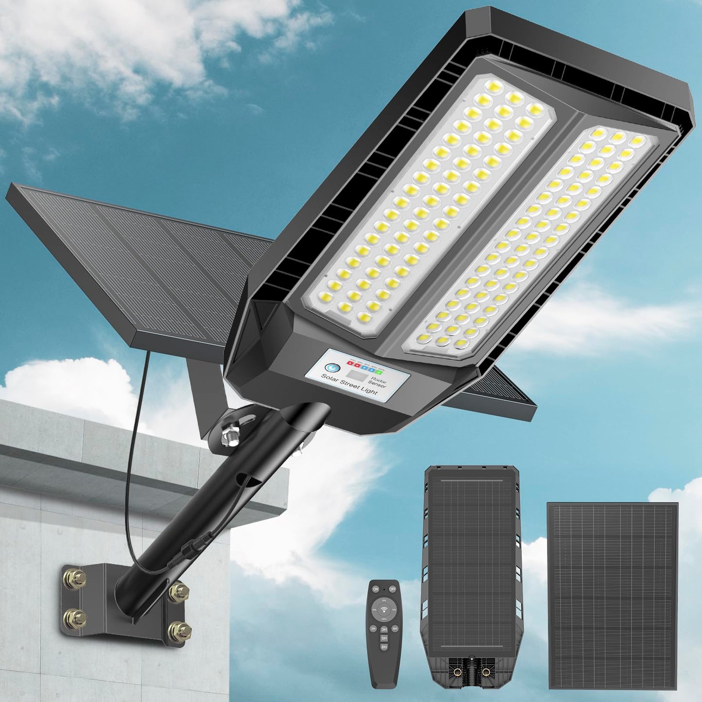 VOOJOY Solar Street Light, 7000K LED, Motion Sensor & Remote, 9000W, Black, Model TW002C