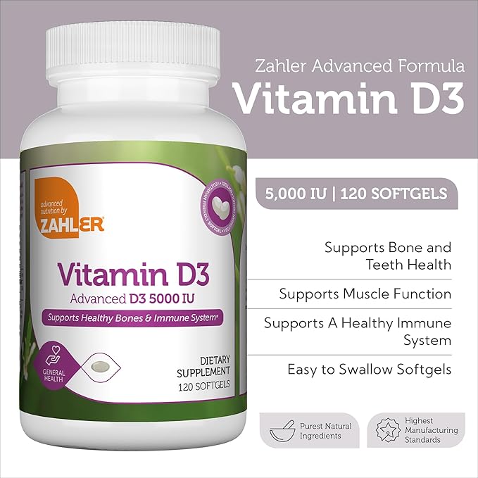 Zahler - Advanced Vitamin D3 5000 IU Softgels (120 Count) Kosher Vegetarian Friendly Vitamin D for Immune Support, Bone, Teeth & Muscle Health - Daily D3 Vitamin Supplement for Adults - Easy Swallow V