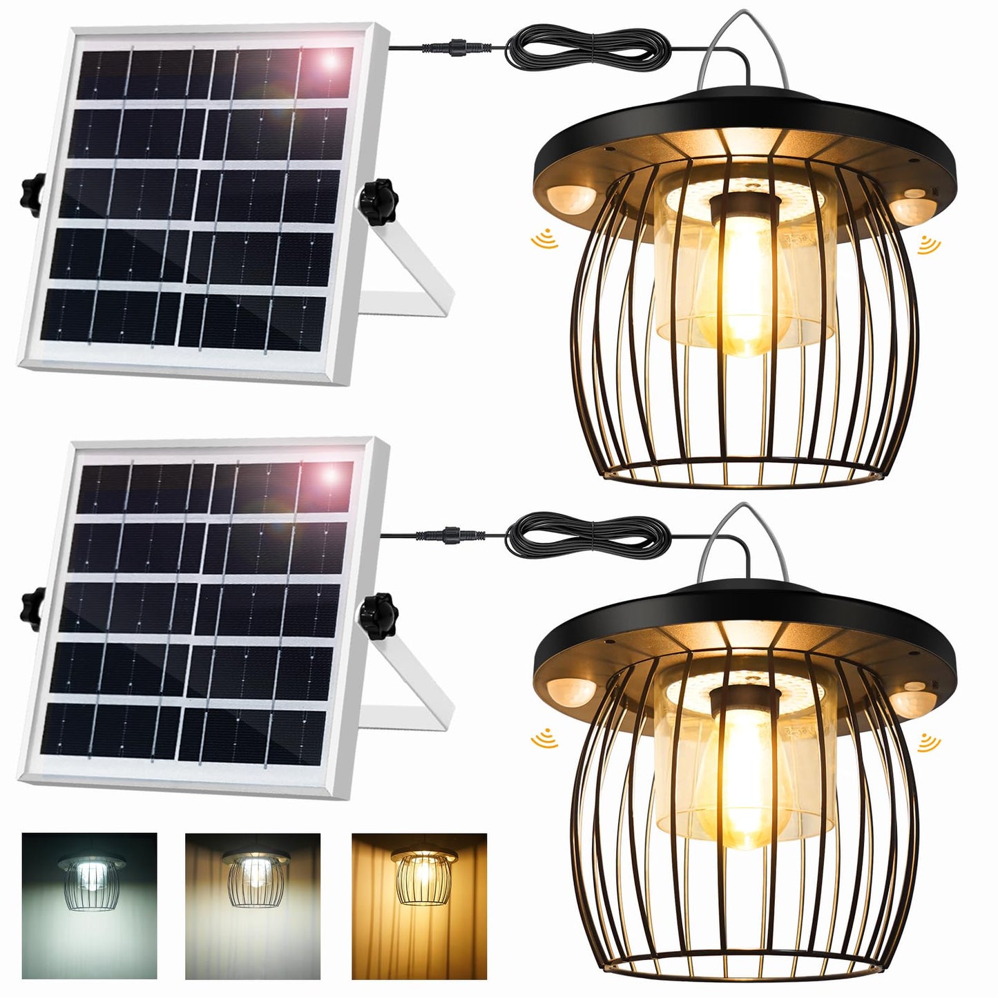 Ladate Solar Shed Lights with 2 Motion Sensors, Waterproof Pendant Lamp, 5 Lighting Modes, 16.4FT Cord, 2 Pack, Cage 2 Pack