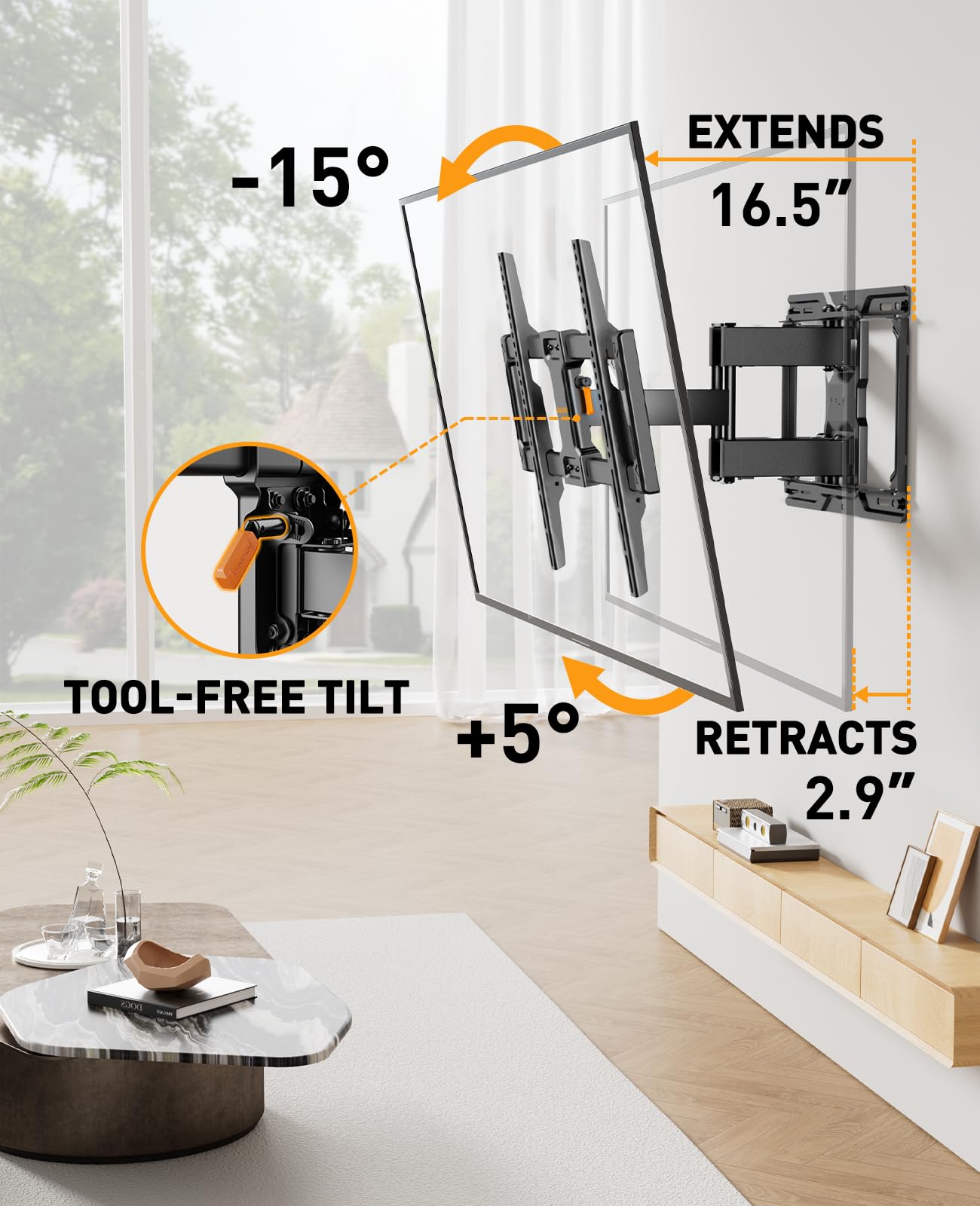 Perlegear Full Motion TV Wall Mount for Most 42–84 inch Flat Curved TVs up to 132 lbs, 12″/16″ Wood Studs, Bracket with Articulating Arms, Swivel, Tool-Free Tilt, Max VESA 600x400mm PGLF12