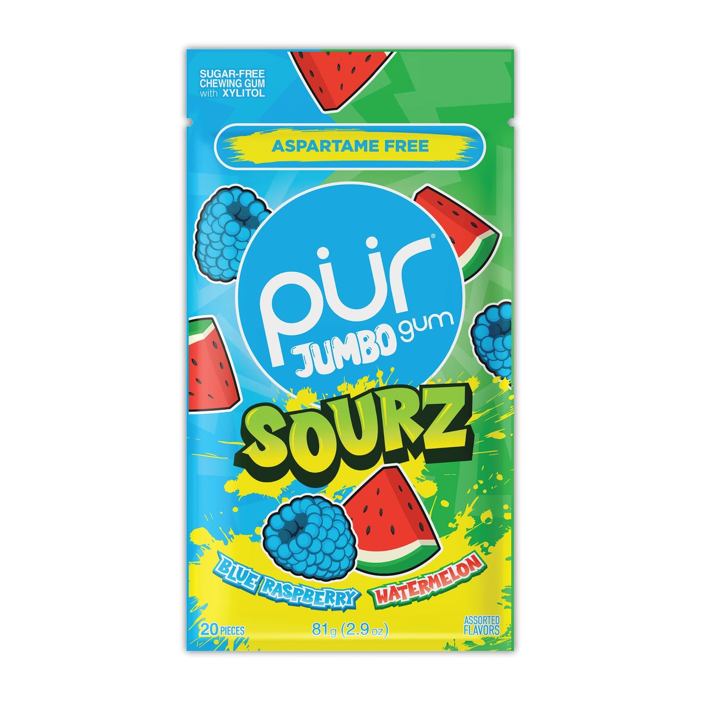 PUR Gum Jumbo SOURZ Chewing Gum - Aspartame Free, 100% Xylitol, Sour Blue Raspberry & Watermelon, 20 Count (Pack of 1)