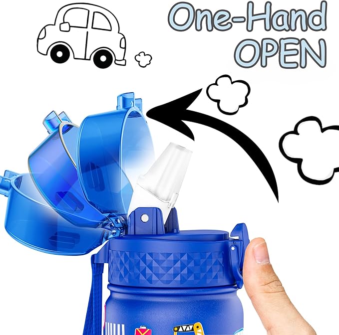 Kids Water Bottle, GOPPUS 14 oz Insulated Water Bottle with Straw, Double Vacuum Leakproof, BPA Free, for Boys and Girls, Blue Construction Truck