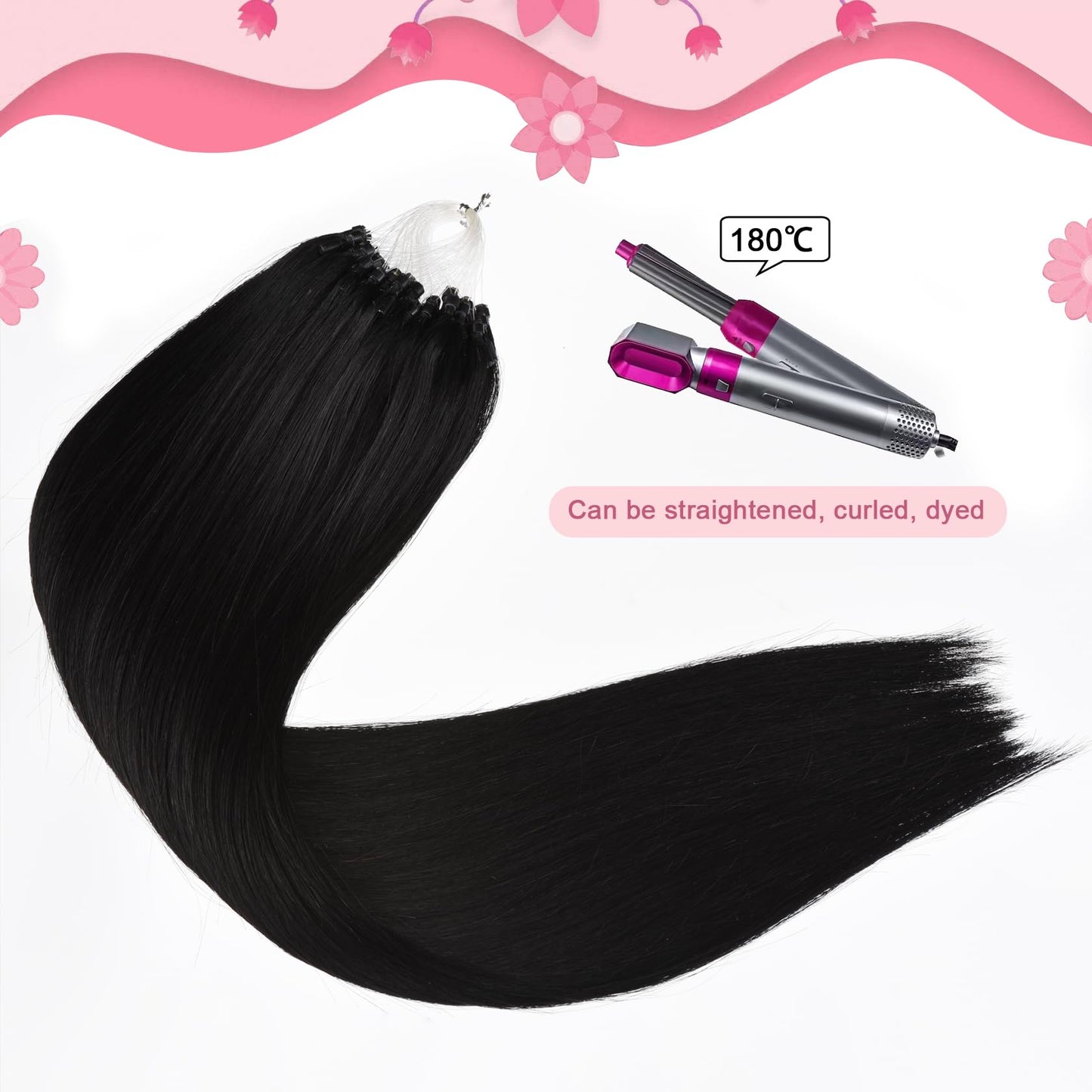 Kpvxxve Micro Loop Hair Extensions 16 Inch Jet Black Microlink Hair Extensions Human Hair 1g/Strand 50g Micro Beads Hair Extensi