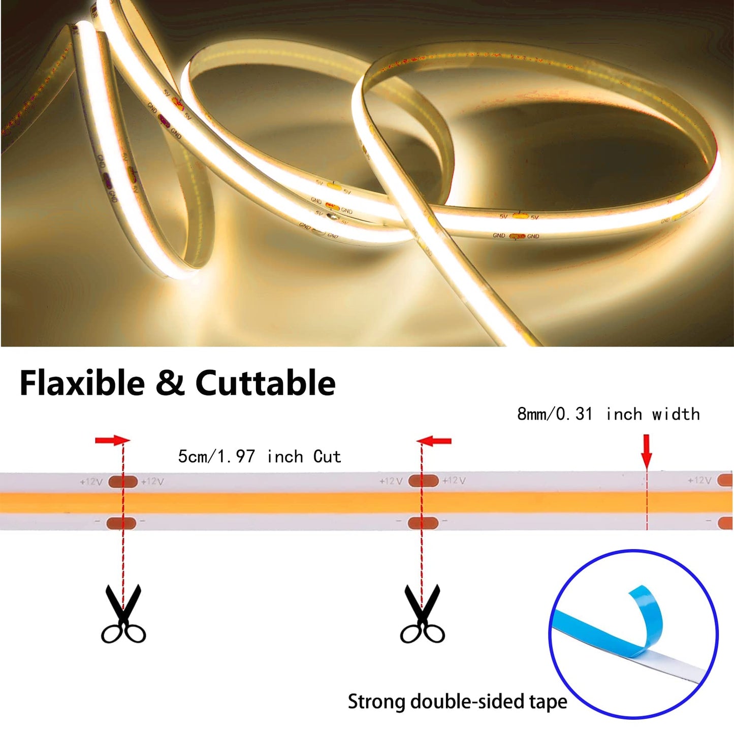 MDee COB LED Strip Lights, Iceblue, 9.84ft/3m, DC 12V, 320 LEDs/m, Flexible Tape for Indoor/Outdoor Décor