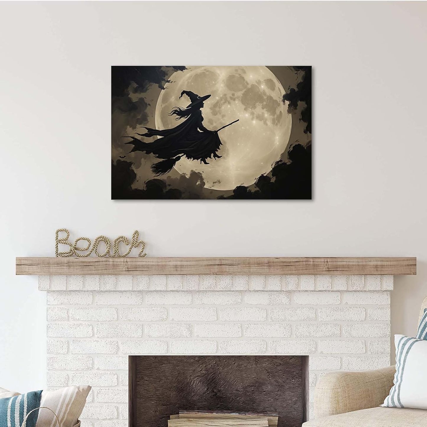 Full moon witch silhouette poster witch on magic broom Halloween mural poster decorative mural art suitable for home living room bedroom28x40in Wood Framed