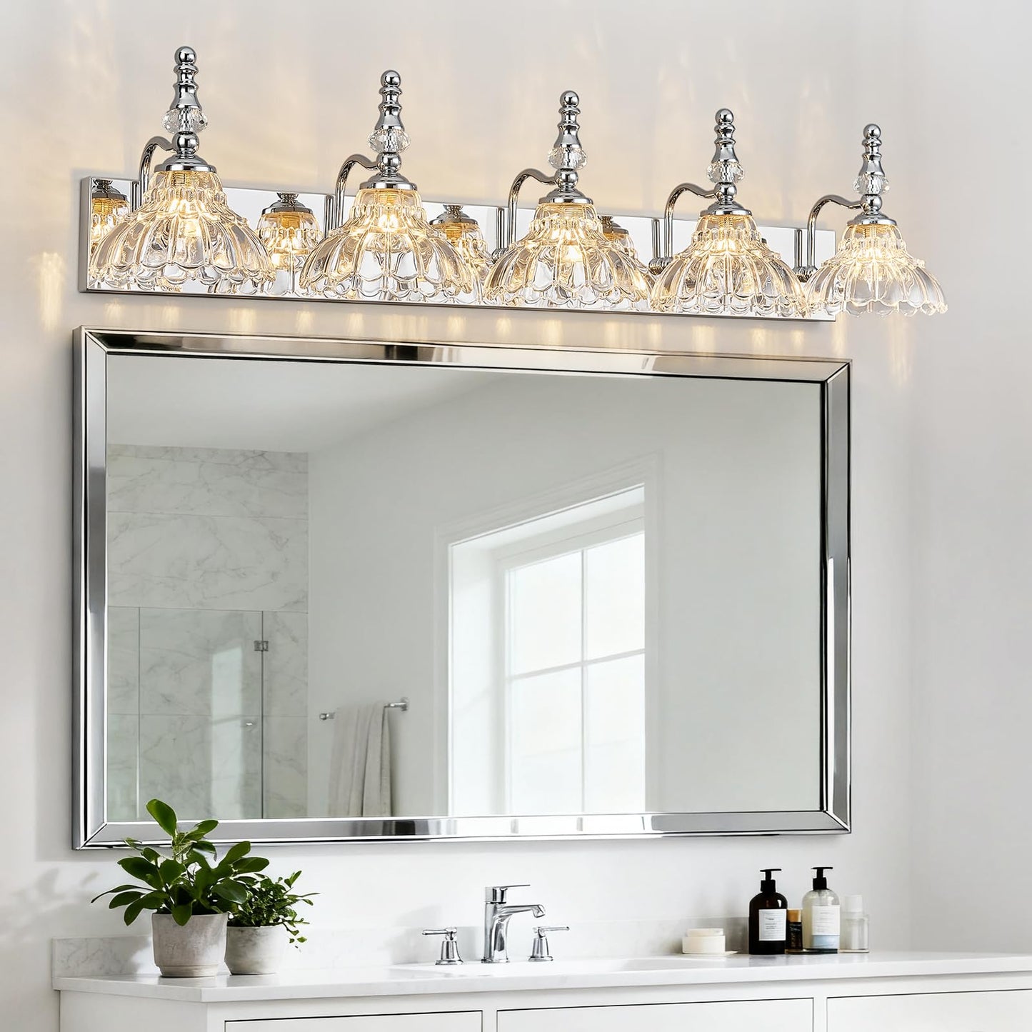 Lbsqj Vintage Bathroom Vanity Light  5-Light Chrome Vanity Lighting Fixture With Flower Glass Shade  Bathroom Lighting Fixtures Over Mirror