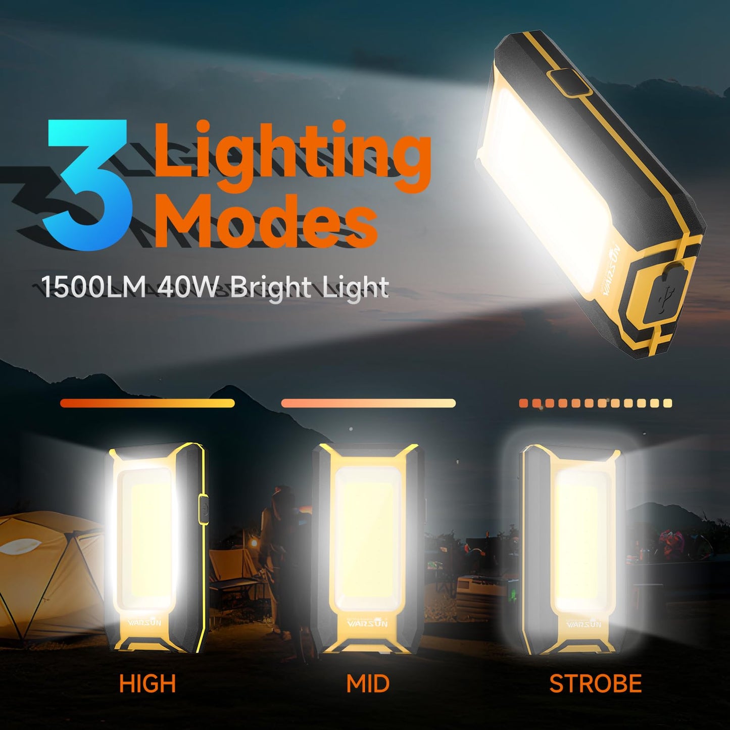 WARSUN 2PC LED Work Light Rechargeable, 1500 Lumens, Magnetic, 3 Lighting Modes, Model Y39, Multicolored