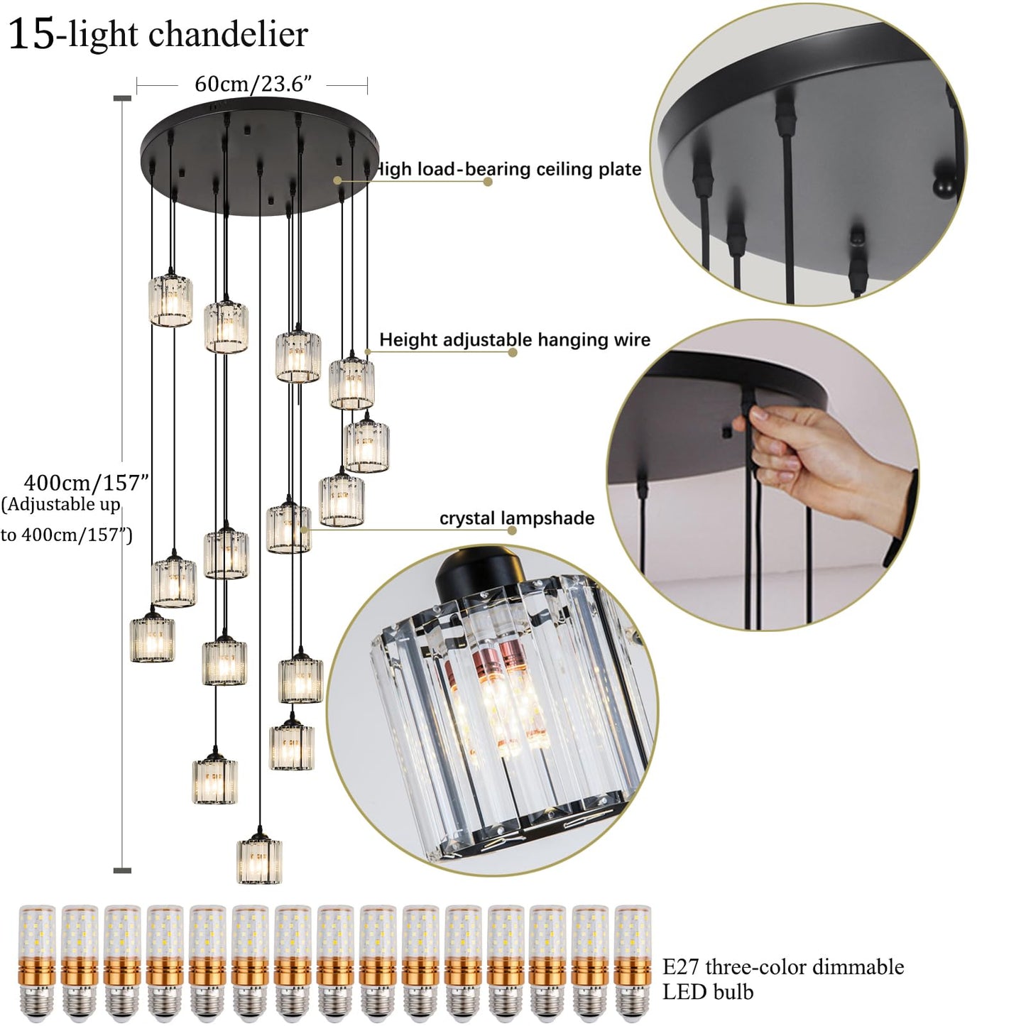 Meimond Long Chandeliers For High Ceilings Modern Crystal Pendant Light Raindrop Drop Lamp Hanging Flush Mount Lighting Fixtures For Spiral Staircase Foyer Entryway Living Room Black (15 Lights)