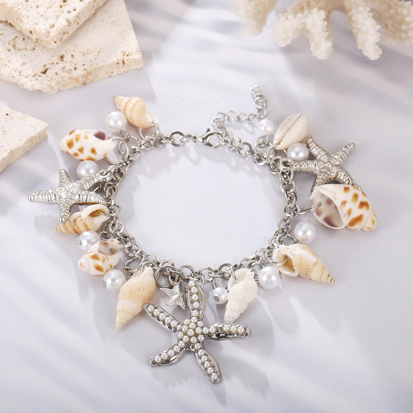 RUOFFETA Shell Starfish Necklace Bracelet Conch Statement Chunky Necklace Mermaid Costume Jewelry Beach Jewelry for Women(Bracel