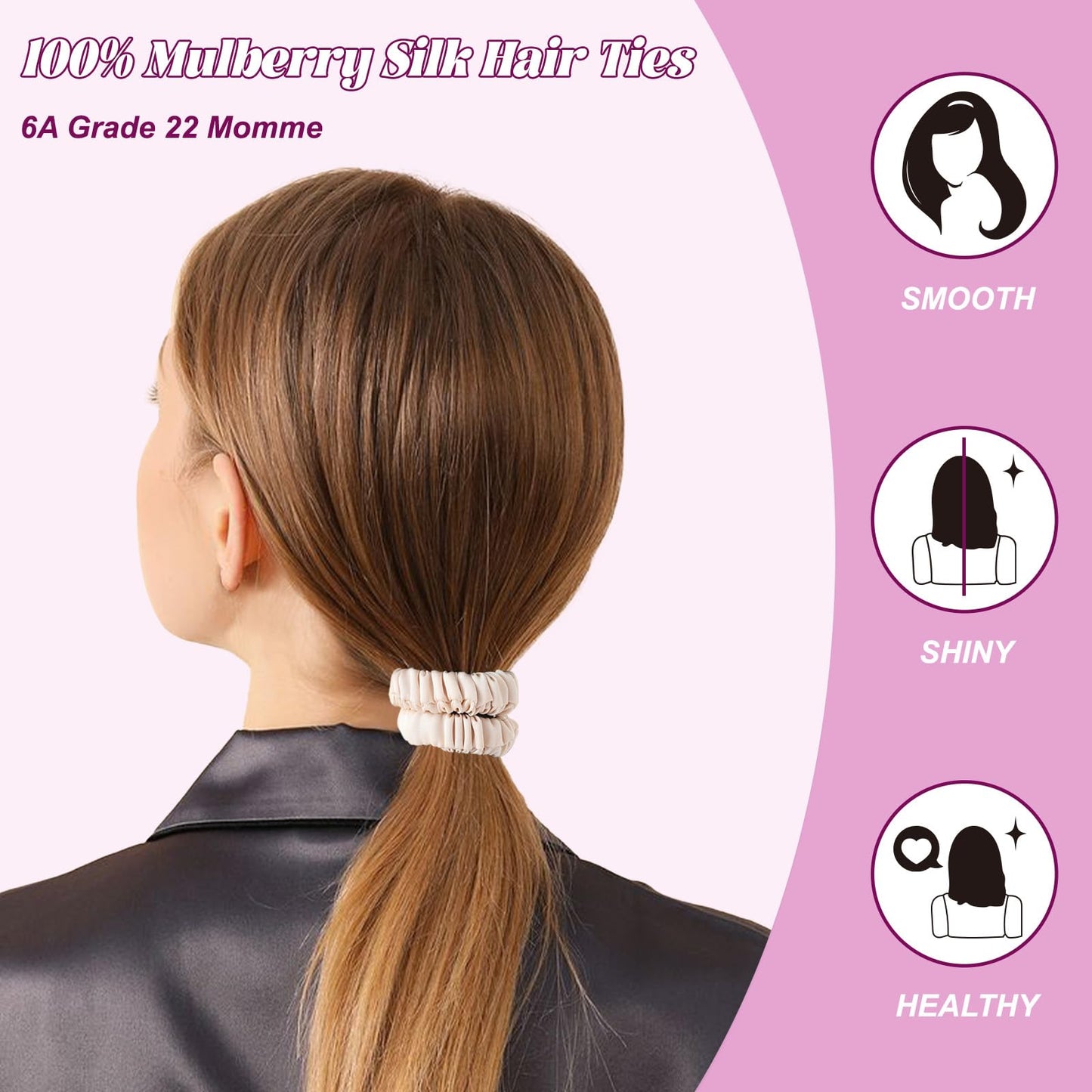 4Pcs Mulberry Silk Scrunchies & Hair Ties - No Crease Skinny Scrunchies Elastic Set for Women All Hair Types, Reduces Breakage (