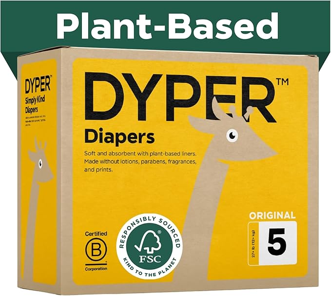 DYPER Baby Diapers Size 5 (120 Count) – Plant-Based, Hypoallergenic, Fragrance-Free & Ultra Absorbent Disposable Diapers for Day and Overnight Skin Protection, Value Pack Size 5 Diapers