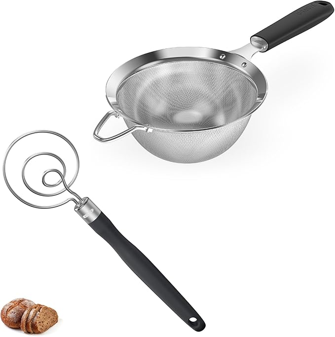 U-Taste 5.5 Inch 18/8 Stainless Steel Mesh Strainer and 12.6in Stainless Steel Danish Dough Whisk (Black)