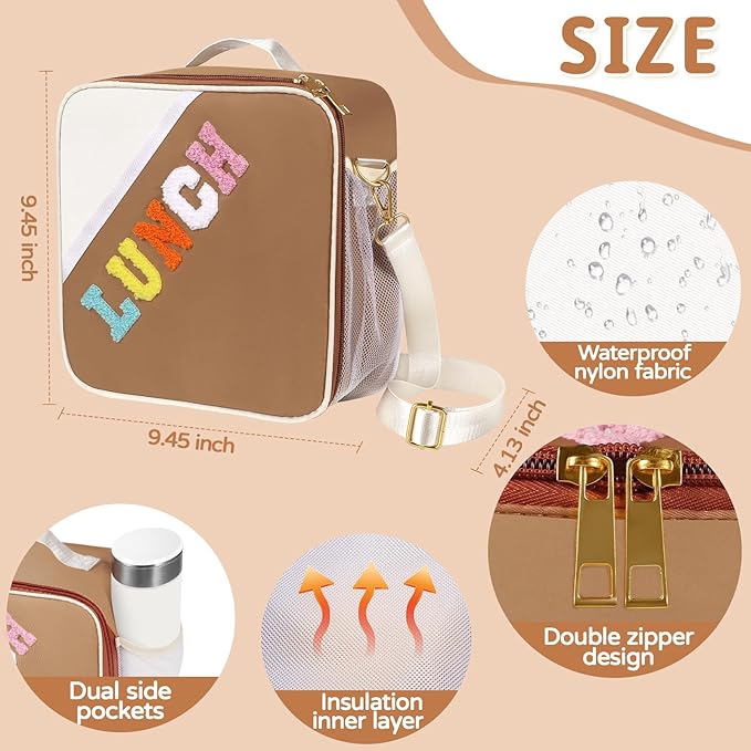 Lunch Bag Kids,Insulated Lunch Bag With Adjustable Shoulder Strap,Reusable Lunch Bag for Kids, Girls,Boys, lunch Bag Women,Preppy Lunch Box for School,Travel, Picnic (brown)