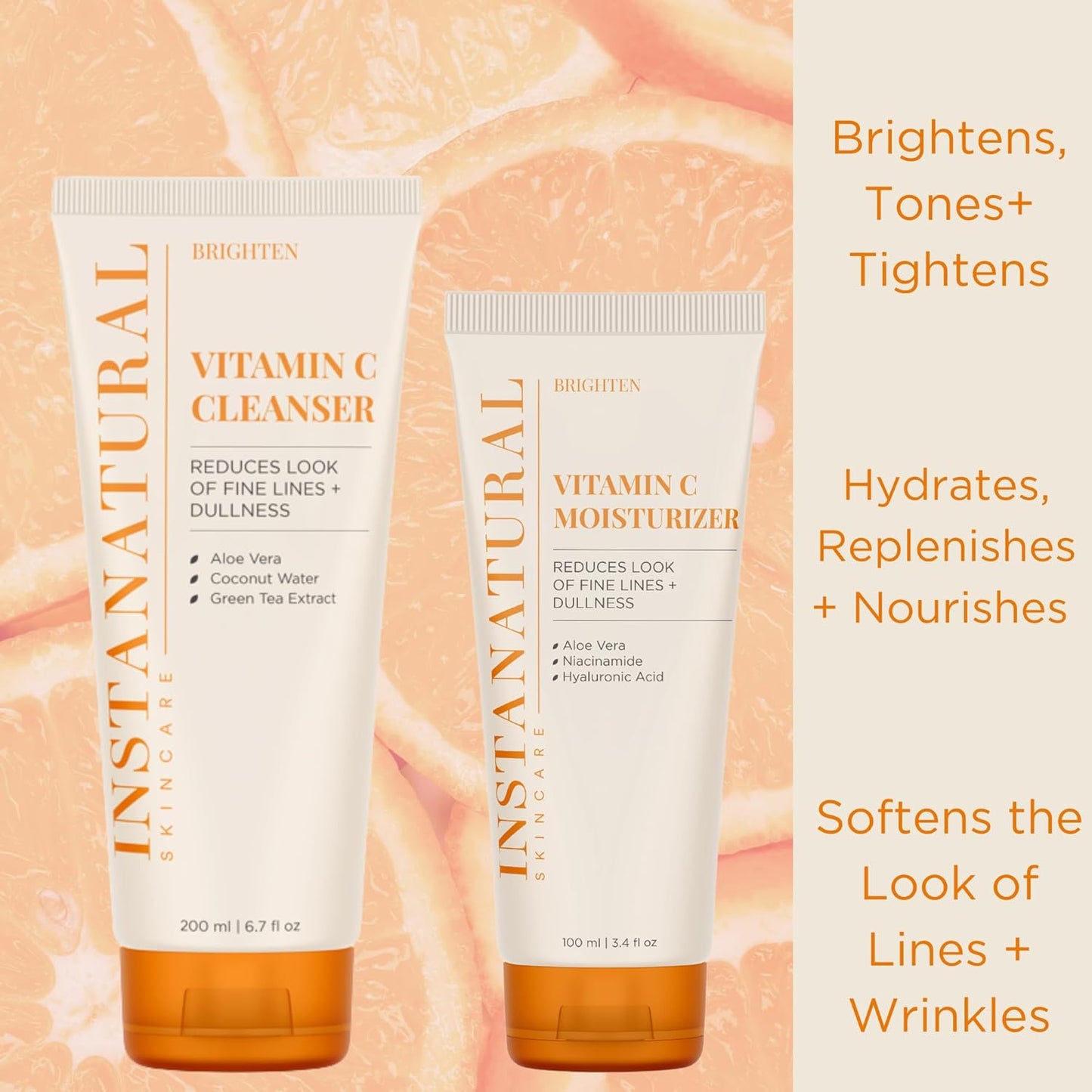 InstaNatural Vitamin C Cleanser and Moisturizer Kit, Brightens, Reduces the Look of Fine Lines and Uneven Texture, with Aloe Vera and Botanical Extracts