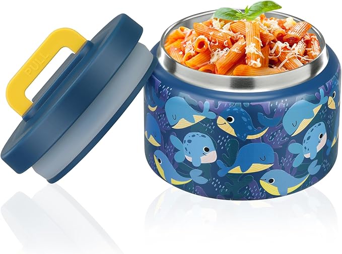 PIQUEBAR 8oz Kids Thermo for Hot Food,Small Lunch Thermos Food Container Stainless Steel,Easy Open Wide Mouth Thermo for Hot Cold Food for Preschool Travel (Blue Whale)
