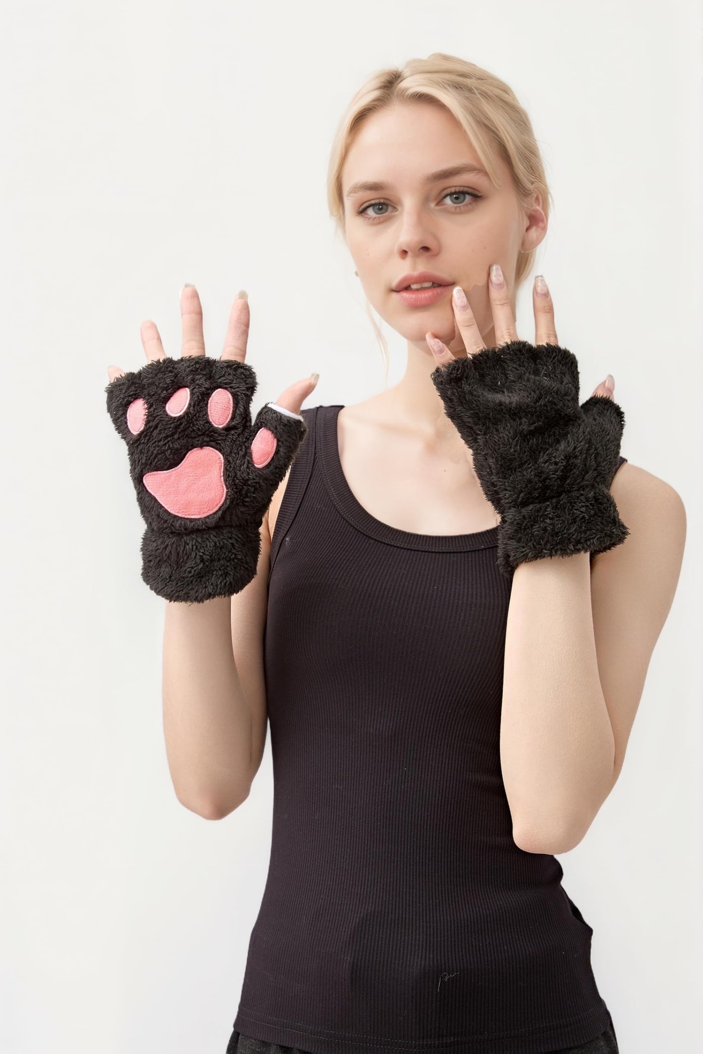 OTPEH 2 Pairs Cat Paw Gloves Fingerless Furry Cat Costume Black And White For Women Costume Accessories