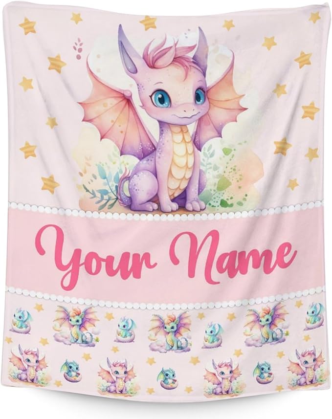 Custom Dragon Blanket Gifts with Name - 30x40 Inches Cute Throw Blanket for Babies, Kids, Boys & Girls - Pink Soft Fuzzy Blankets for Couch, Sofa & Bed