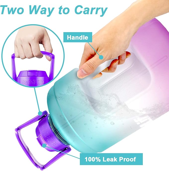 QuiFit Half Gallon Water Bottle - with Straw & Motivational Time Marker Leak-Proof BPA Free Reusable Gym Sports Outdoor Large(73OZ) Capacity Water Jug(Green/Purple Gradient,Half Gallon)