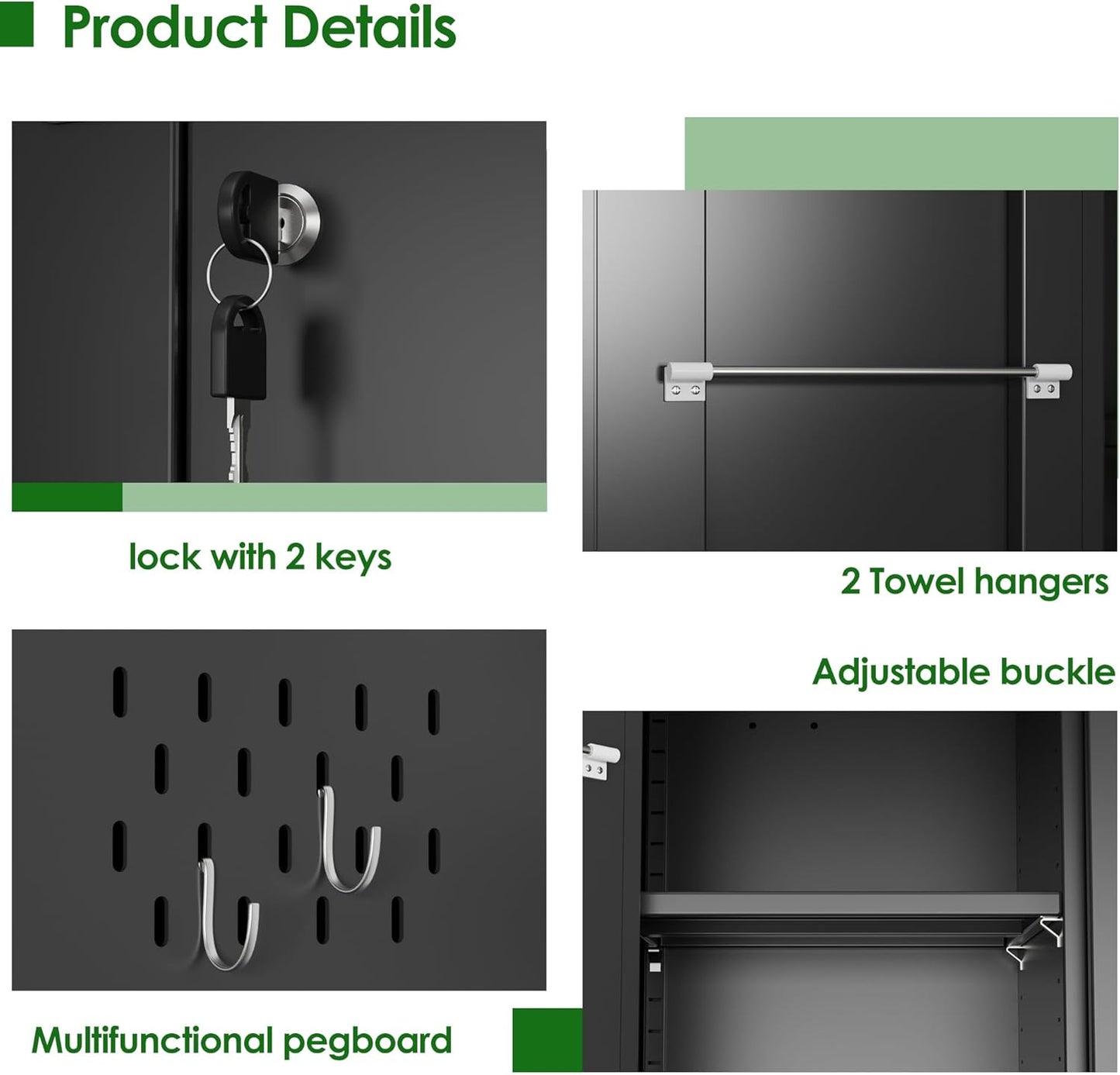 Broom Closet Storage Cabinet with 5 Pegboard, Hanging Rod &13 Hooks, Utility Metal Garage Storage Cabinets with Doors and 4 Shelves for Garage Home Office, Black,71.4" H x 31.5" W x 15.7" D