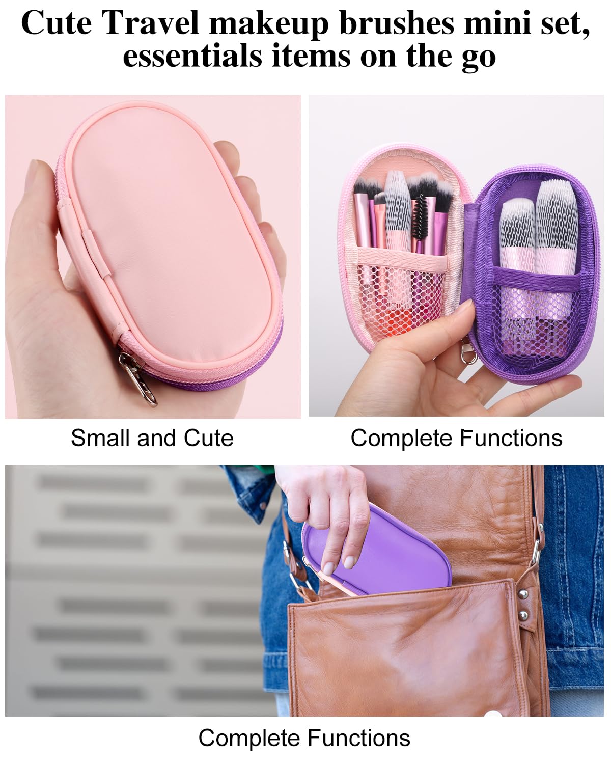 PGRODE Mini Travel Makeup Brushes Set, 14 Pieces, Portable Full Complete Function Cosmetic Kit with Brush Pouch, On the Go Short