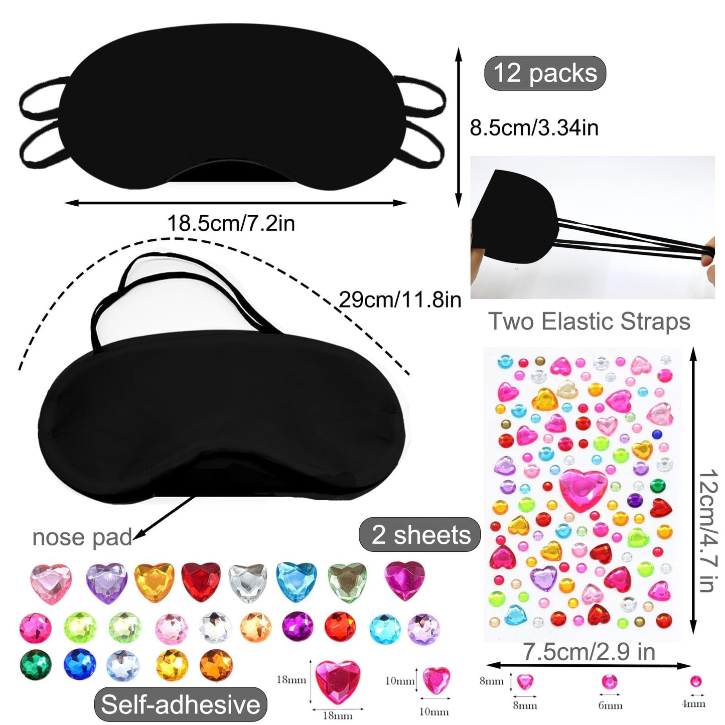 22 PCS Sleepover Party Supplies, 12 PCS Sleep Eye Masks Blindfold Slumber Eye Covering with 2 Sheets Self-Adhesive Heart Rhinestones Gems&8 PCS Fabric Marker Pens, Black