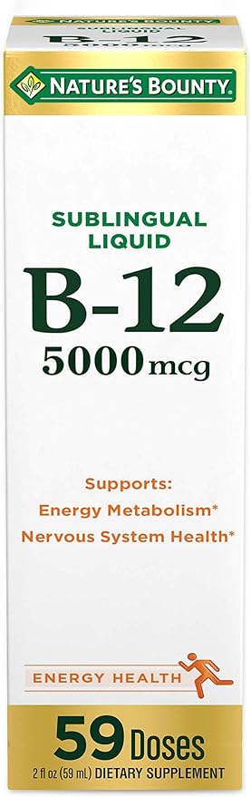 Nature's Bounty Vitamin B12 5000 Mcg Sublingual Liquid, Cardiovascular Health & Cellular Energy Support, 2 Fl Oz (1 Count)