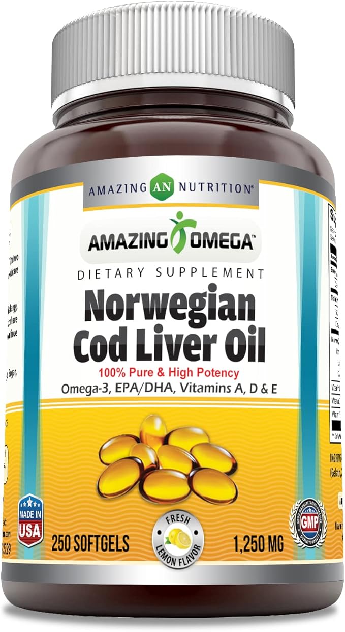 Amazing Omega Norwegian Cod Liver Oil 1250 Mg Softgels Supplement | Omega-3, EPA, DHA, Vitamin A, Vitamin D & Vitamin E (Lemon | 250 Count)