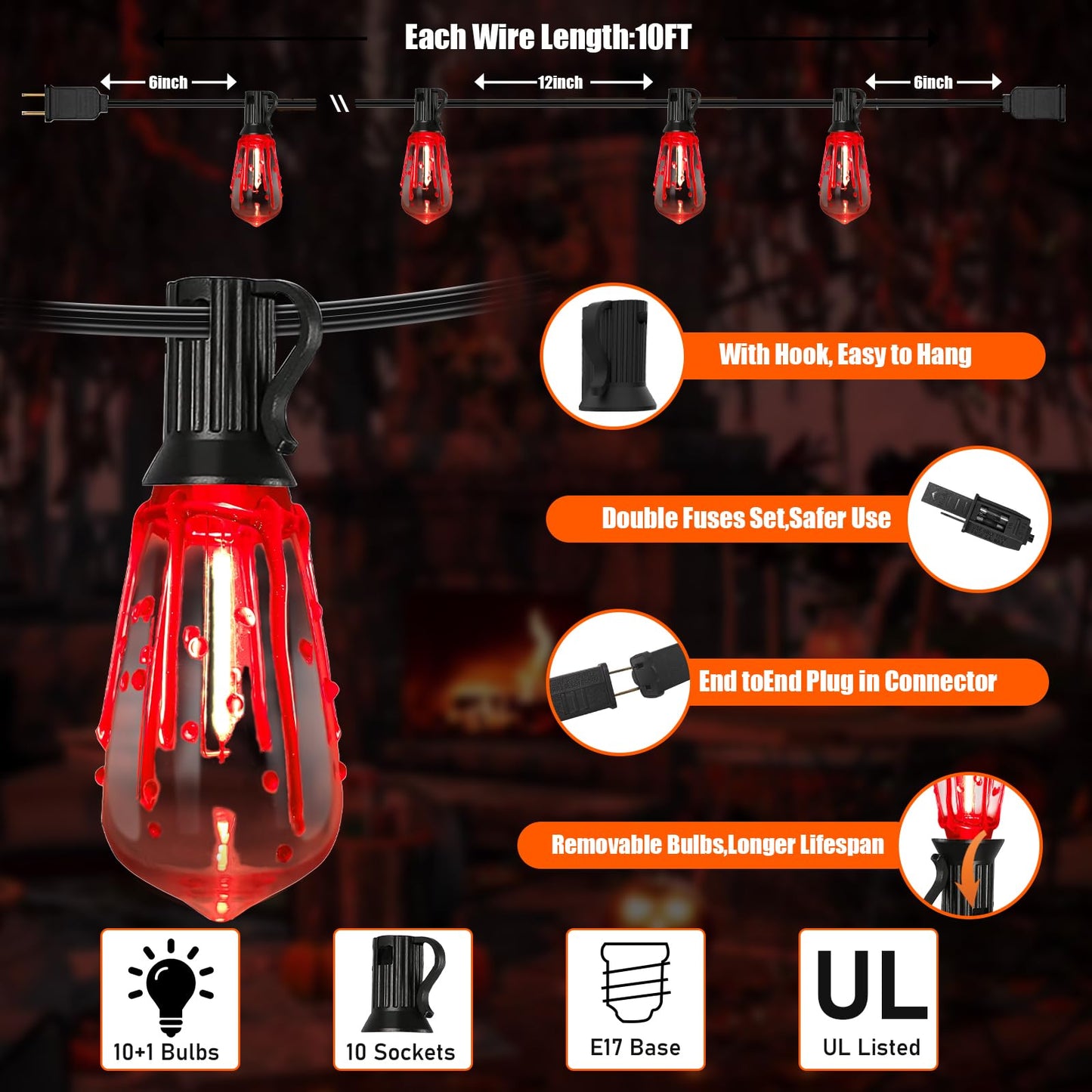 Bokoiuu Halloween Light String, 10ft ST40 Flickering Flame with Blood Teardrop Bulbs, Outdoor Patio Decoration - Black