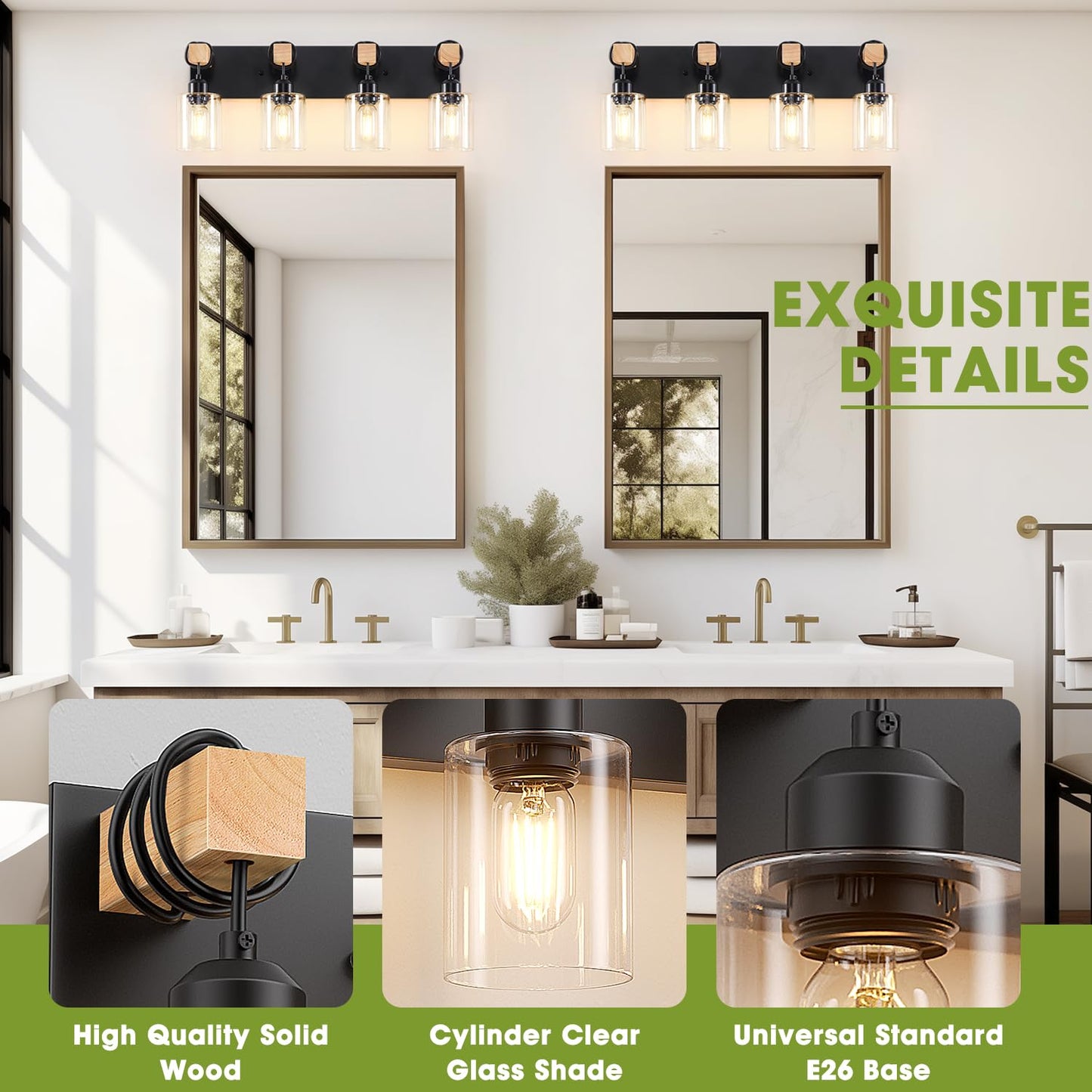 Licperron 4-Lights Farmhouse Vanity Lights For Bathroom  Matte Black Bathroom Light Fixtures With Clear Glass Shade  Rustic Wood Wall Lighting Fixtures Over Mirror For Bedroom  Living Room  Hallway