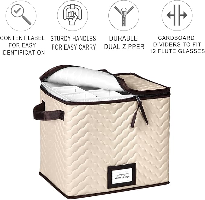 Wine Glass Storage Box with Dividers - Stemware Storage Case, Durable Quilted Microfiber Bin with Carry Handles, Protects Fine China - Durable Quilted Microfiber Bin with Carry Handles (1 Pack, Champagne Flute)