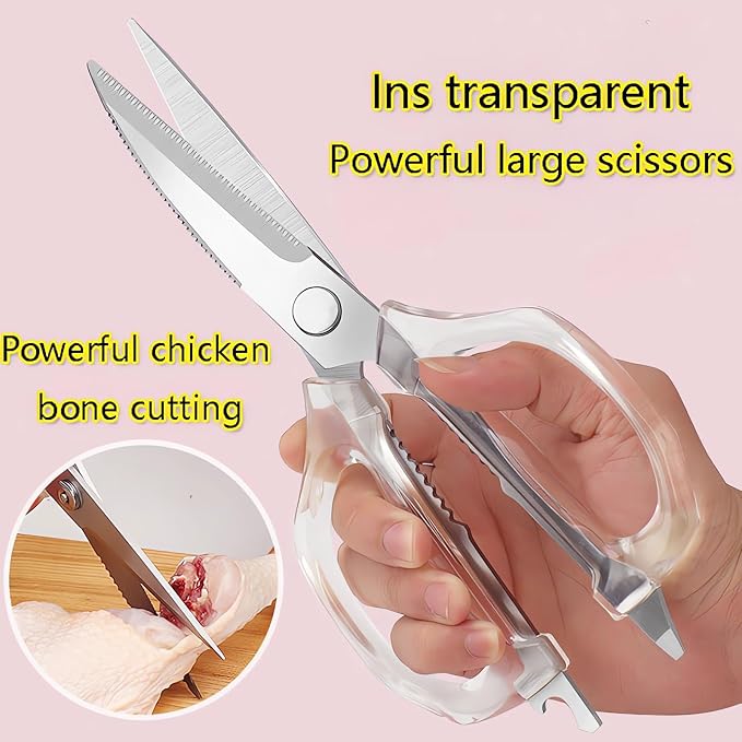 Jasni Transparent Handle Stainless Steel Sharp Powerful Kitchen Scissors Multi-Purpose Heavy Duty Food Scissors Kitchen Shears Chicken Poultry bone fish scales (White handle White blade)