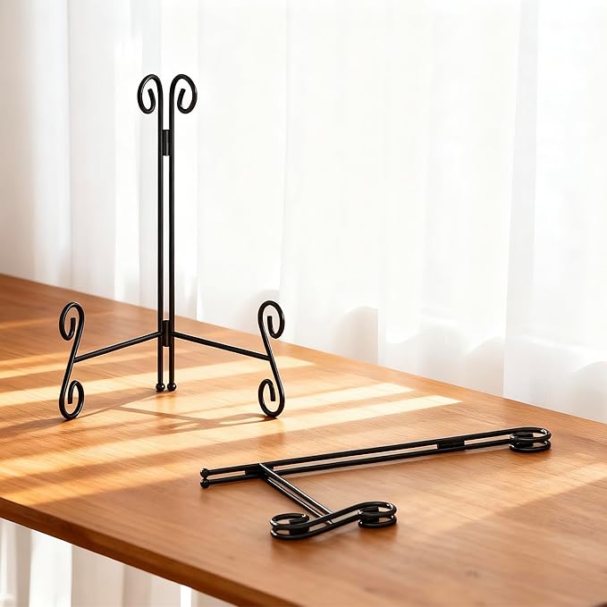 Plate Stands - 10 Inch Easel Stand for Decoration, Photos, Cookbooks & Albums - 2 Pack Black Metal Plate Holder