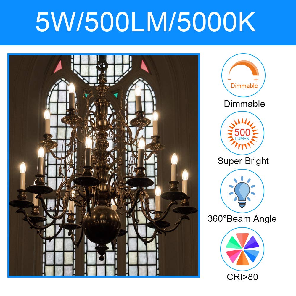 Energetic Lighting Led Candelabra Bulbs, 5000K Daylight, E12 Base, Dimmable, 60W Equivalent, 8 Pack, White
