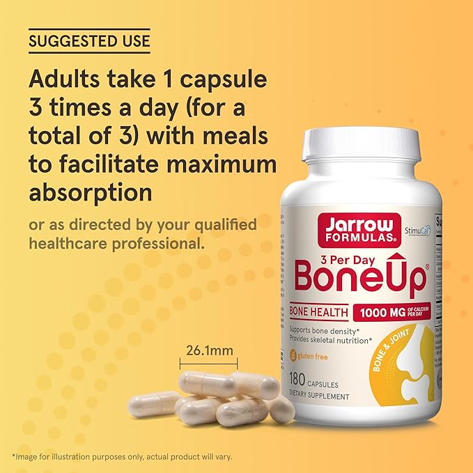 Jarrow Formulas BoneUp Three Per Day For Bone Support and Skeletal Nutrition, Includes Vitamin D3, K2 (as MK-7) and 1000 mg of Calcium Per Day, 180 Capsules, 60 Day Supply