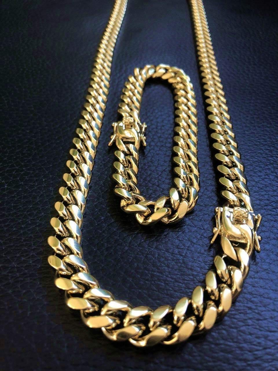 PY BLING Mens Heavy Miami Cuban Link Chain Choker 14k Gold Plated Hip Hop Thick Stainless Steel 8mm-16mm Necklace/Bracelet (10mm