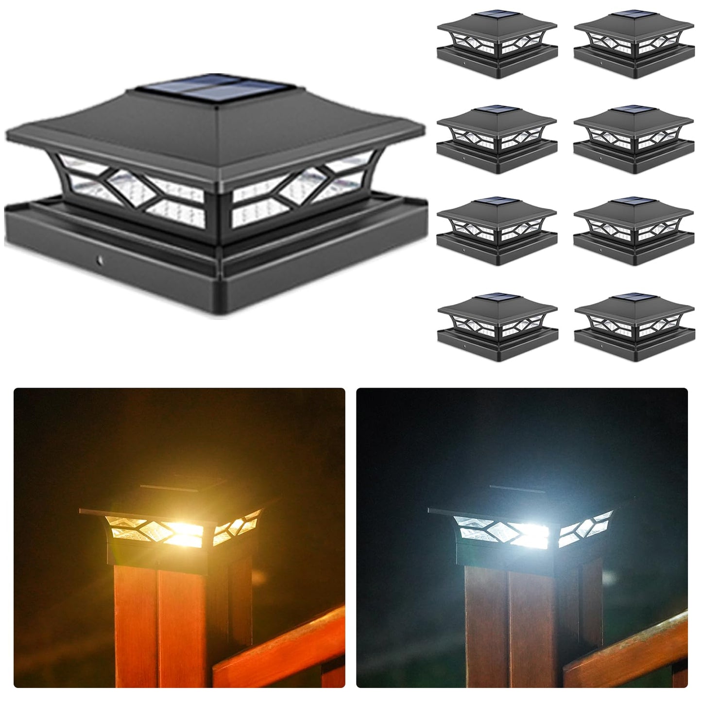 VOLISUN Solar Post Cap Lights - 8 Pack Outdoor Lights for 4x4/6x6 Posts, Waterproof, Warm White/Black, Model 21178ZM