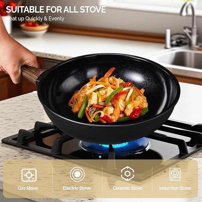 ROVSUN 17 Pcs Nonstick Pots and Pans Set, Cast Aluminum Kitchen Cookware Set, RV Kitchen Cooking Set and Utensils, PFAS PFOA & PFOS Free, Black, Skillet, Saute Pan, Soup Pot