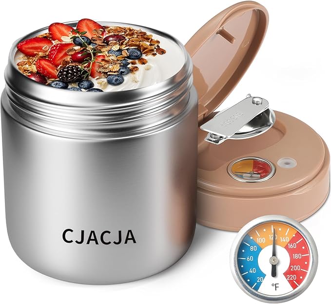 Insulated Food Jar with Temperature Display - 15.2 Oz, Thermo for Hot Food, Soup Thermo, Termos Para Comida Caliente, Width Mouth Stainless Steel Lunch Box with Folding Spoon, Silver