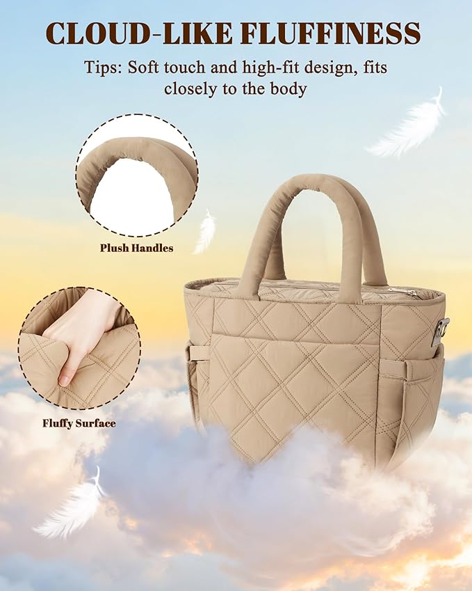 Insulated Lunch Box for Women Men, Soft & Puffy Lunch Bag, Large Capacity Leakproof Reusable Tote Cooler Bag with 4 Pockets, Adjustable Strap, Ideal for Work, Outdoors, Picnic, Travel (Khaki)