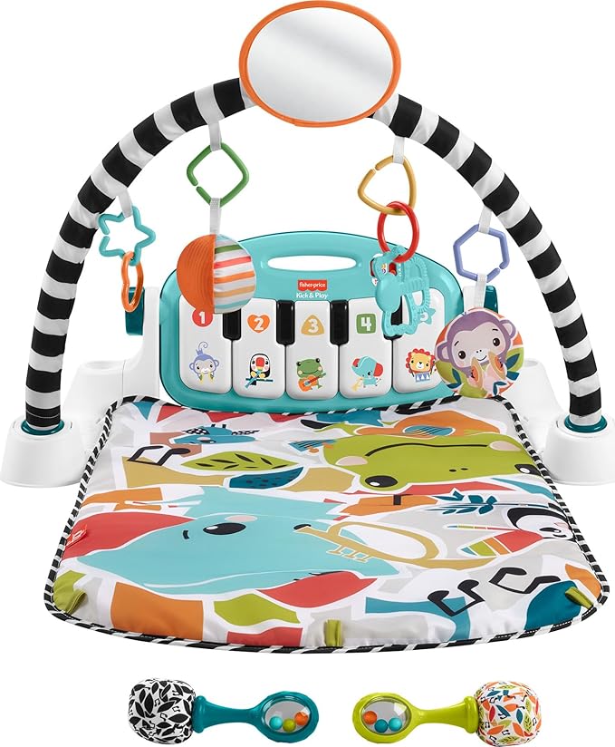Fisher-Price Baby Musical Toy Set Glow and Grow Kick & Play Piano Gym Blue Playmat with 2 Rattle Maracas for Newborns Ages 0+ Months