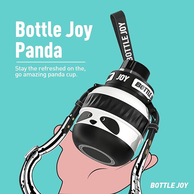 Stainless-Steel Water Bottle: Kids Water Bottle, Leakproof Lid, Perfect Sip, Double Insulated, Eco-Friendly, Dishwasher Safe & Stylish Strap, Gifts for Kids (Panda, 16 oz)