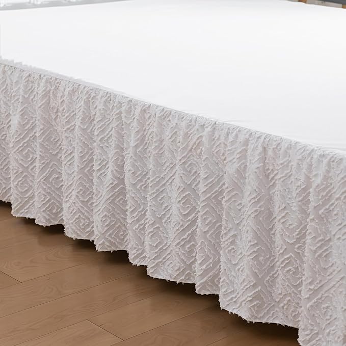 Boho Tufted Bed Skirt,Ruffled Bed Skirt with Split Corners Jacquard Embroidery, Full Bed Skirt 14 Inch Drop, Full Size Bed Skirt White for Ruffled Bed Skirt with Split Corners, Bed Skirt Full Size