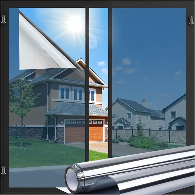 LUTE One Way Window Privacy Film, Window Tint for Home, Sun Blocking UV Heat Blocker, See Out Not in Reflective Mirror Film, Removable Static Cling Glass Door Coverings, Silver, 35.4" x 118.1"