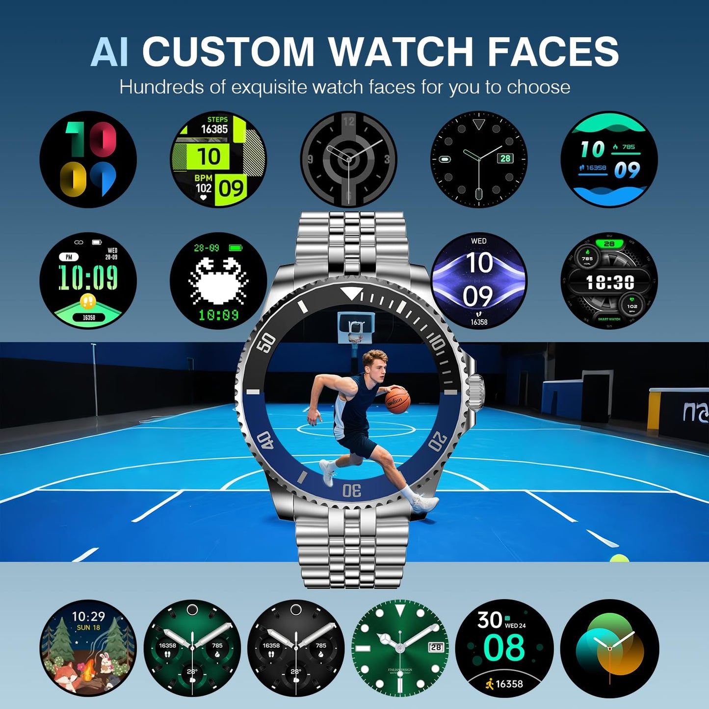 2025 DA GPT Smart Watch for Men, Heart Rate, Blood Pressure, Blood Oxygen, Sleep Monitor, 107 Sports Modes, 1.19-inch AMOLED Display, Waterproof Round Watch, Compatible Android and iOS Silver Blue