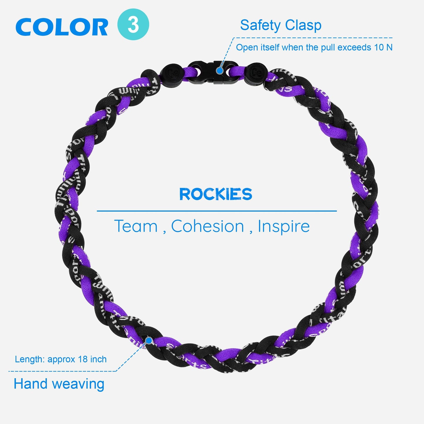 SUPBOMM 3 pcs Baseball Rope Necklaces, League Team Colors Braided Necklace, Baseball Team Gifts, Rockies